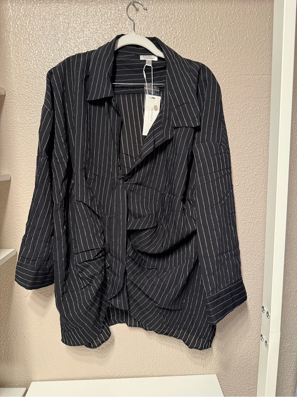 City Chic Black Pinstripe Ruffle-Front Button Down Shirt
